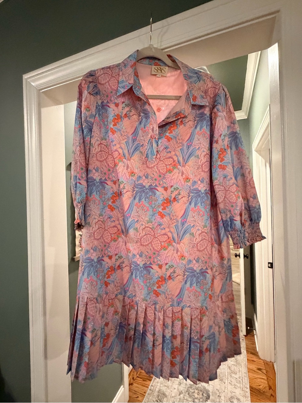 SSYS Floral Pink & Blue Pleated Long-Sleeve Dress